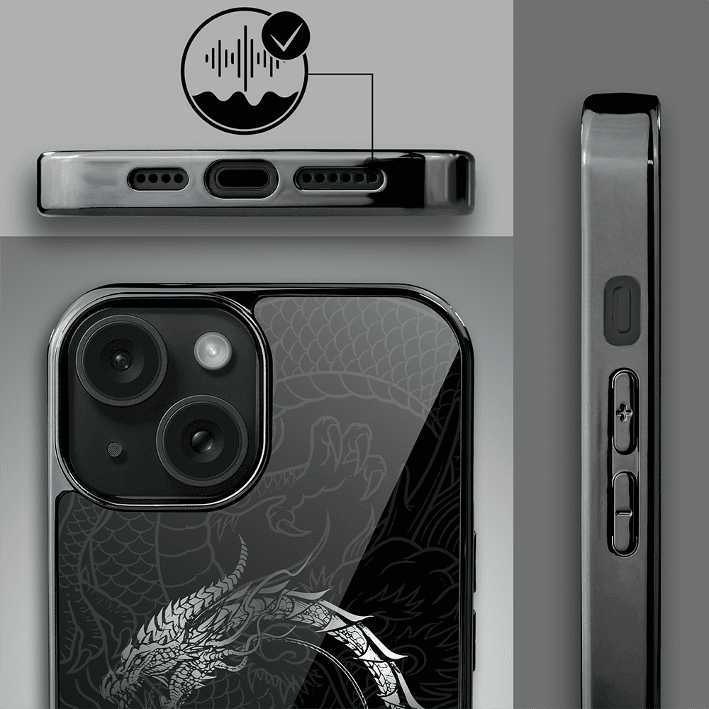 Etui do iPhone 15, Elite Glass, szklany tył, Nocturne, Uroboros - smoczy krąg, czarne (5)