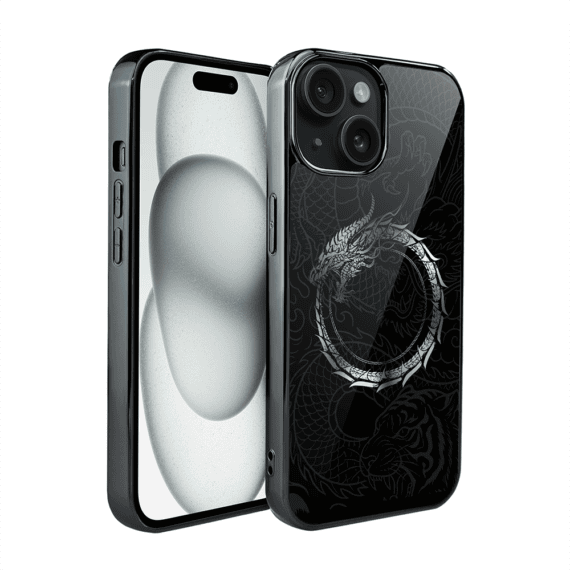 Etui do iPhone 15, Elite Glass, szklany tył, Nocturne, Uroboros - smoczy krąg, czarne (7)
