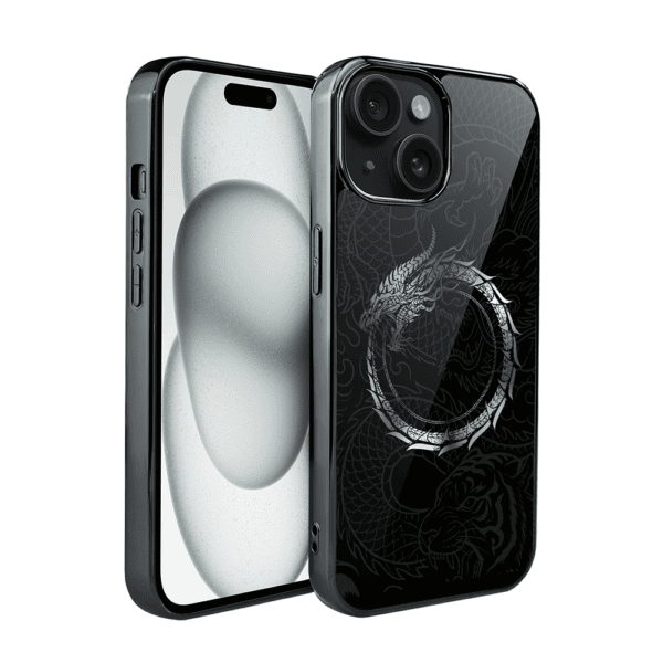 Etui do iPhone 15, Elite Glass, szklany tył, Nocturne, Uroboros – smoczy krąg, czarne