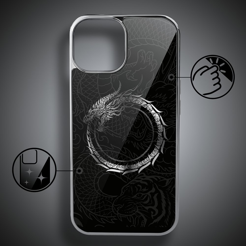 Etui do iPhone 15, Elite Glass, szklany tył, Nocturne, Uroboros - smoczy krąg, srebrne (1)