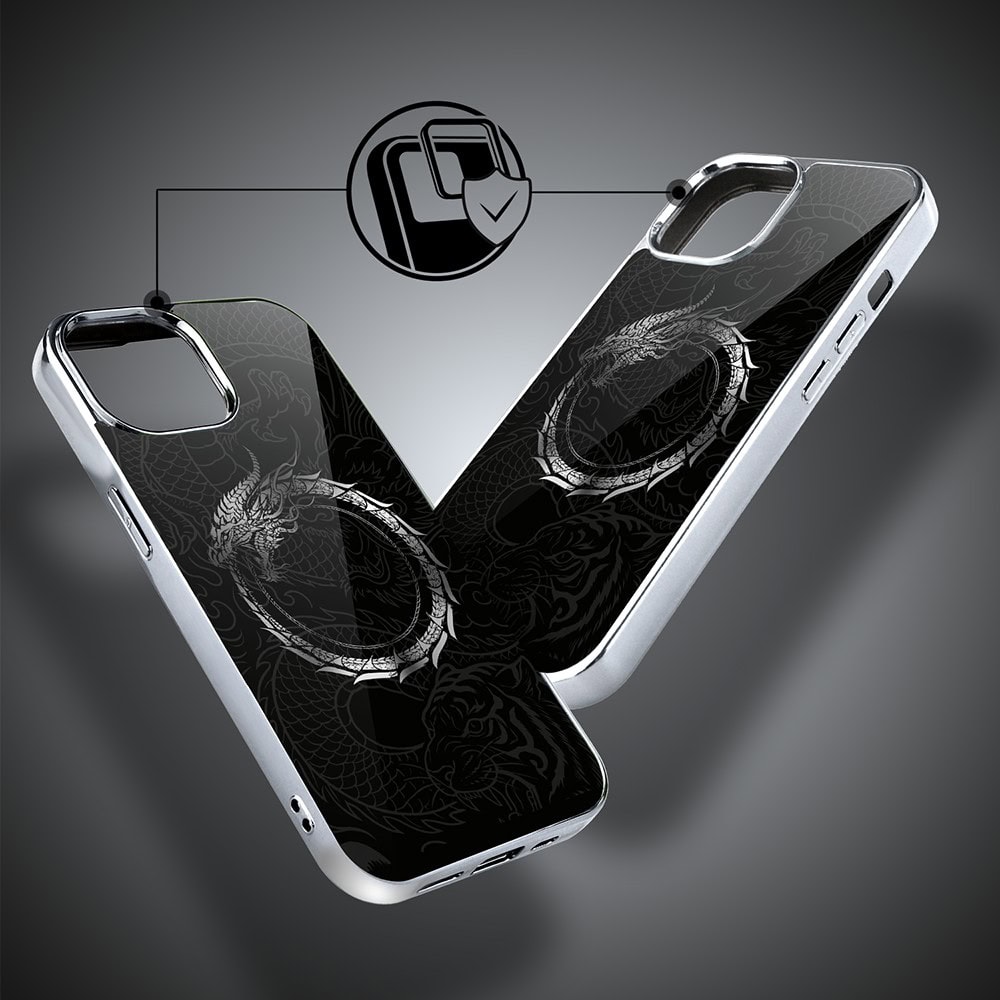 Etui do iPhone 15, Elite Glass, szklany tył, Nocturne, Uroboros - smoczy krąg, srebrne (3)