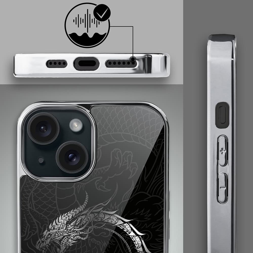 Etui do iPhone 15, Elite Glass, szklany tył, Nocturne, Uroboros - smoczy krąg, srebrne (5)