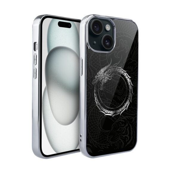 Etui do iPhone 15, Elite Glass, szklany tył, Nocturne, Uroboros - smoczy krąg, srebrne (7)