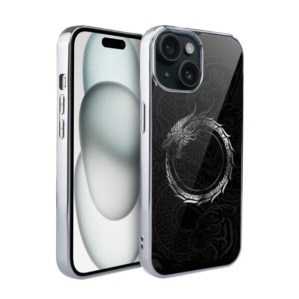 Etui do iPhone 15, Elite Glass, szklany tył,  Nocturne, Uroboros – smoczy krąg, srebrne