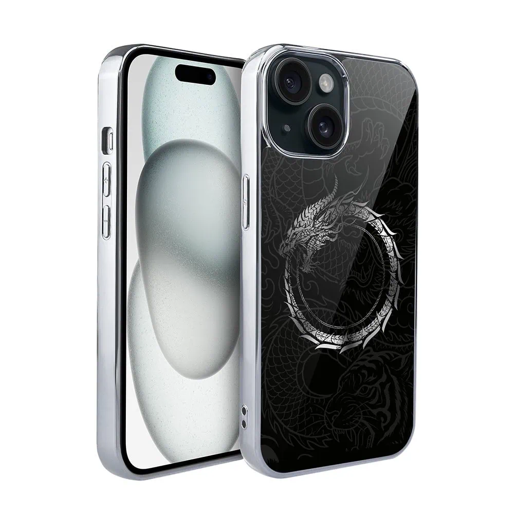 Etui do iPhone 15, Elite Glass, szklany tył,  Nocturne, Uroboros – smoczy krąg, srebrne