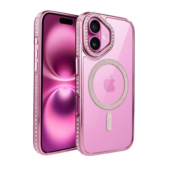 Etui do iPhone 16 Diadem Glow, przeźroczyste z MagSafe, błyszczące z podstawką, różowe
