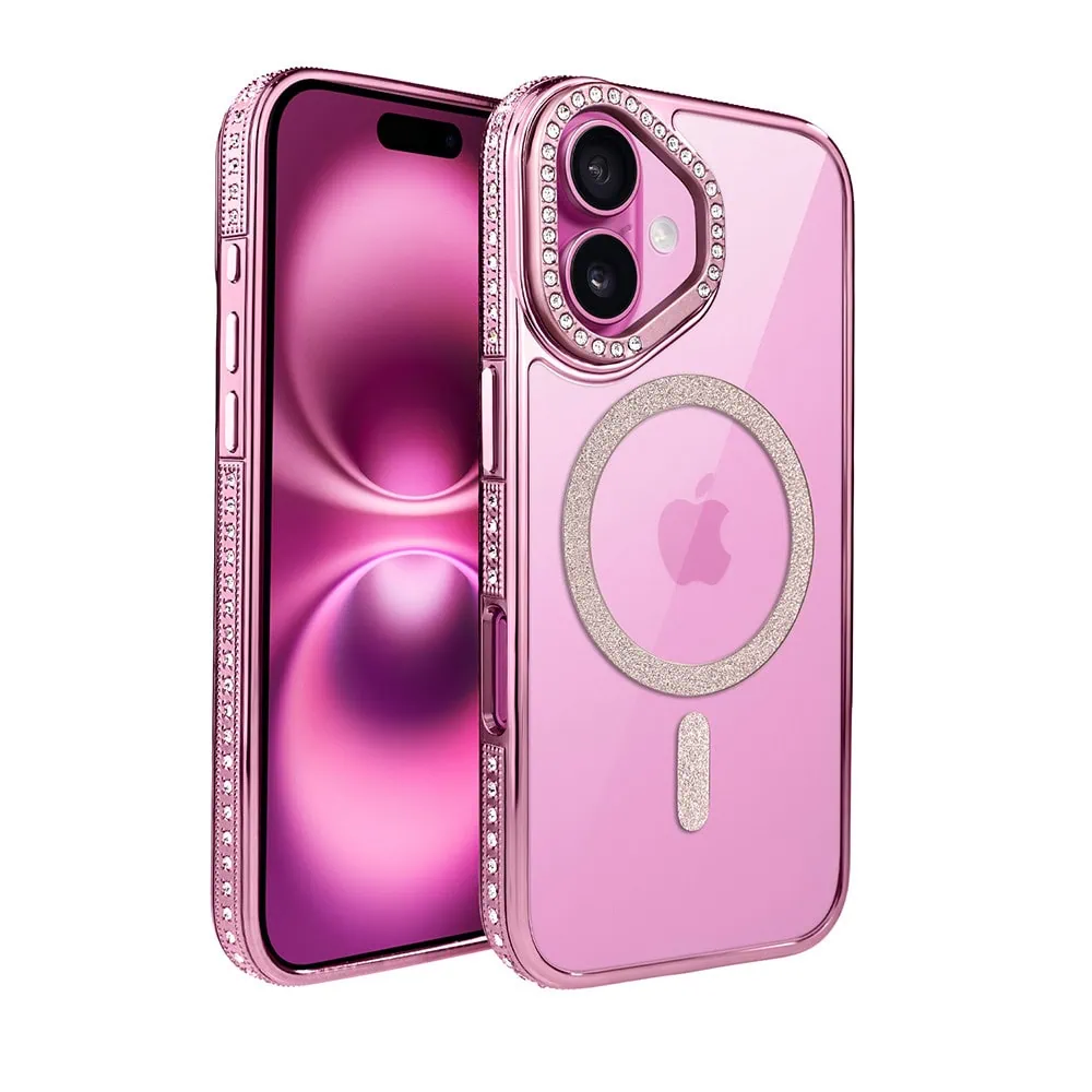 Etui do iPhone 16 Diadem Glow, przeźroczyste z MagSafe, błyszczące z podstawką, różowe