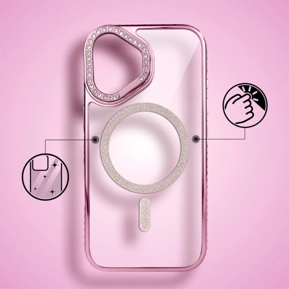Etui do iPhone 16 Diadem Glow, przeźroczyste z MagSafe, błyszczące z podstawką, różowe (7)