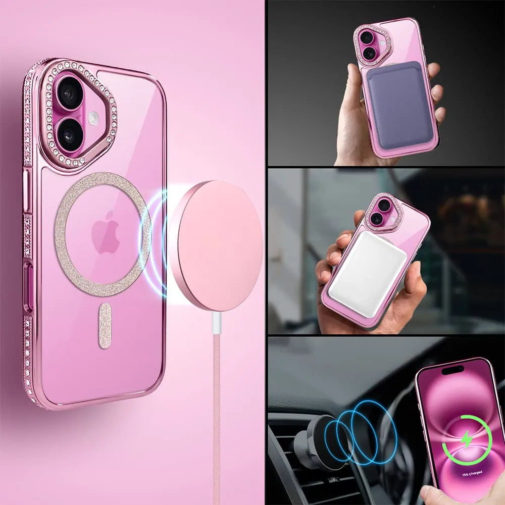 Etui do iPhone 16 Diadem Glow, przeźroczyste z MagSafe, błyszczące z podstawką, różowe (8)