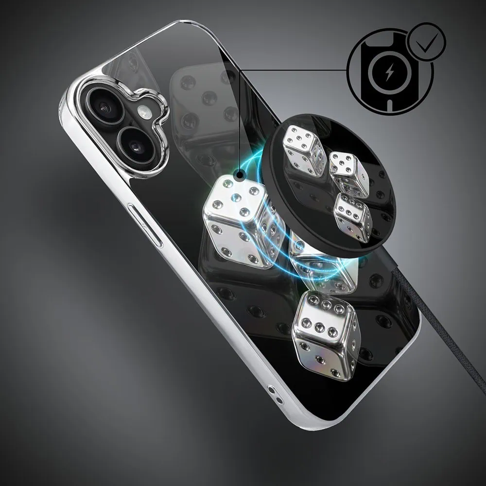 Etui do iPhone 16, Elite Glass z MagSafe, szklany tył, Nocturne, Kości do gry, srebrne (6)