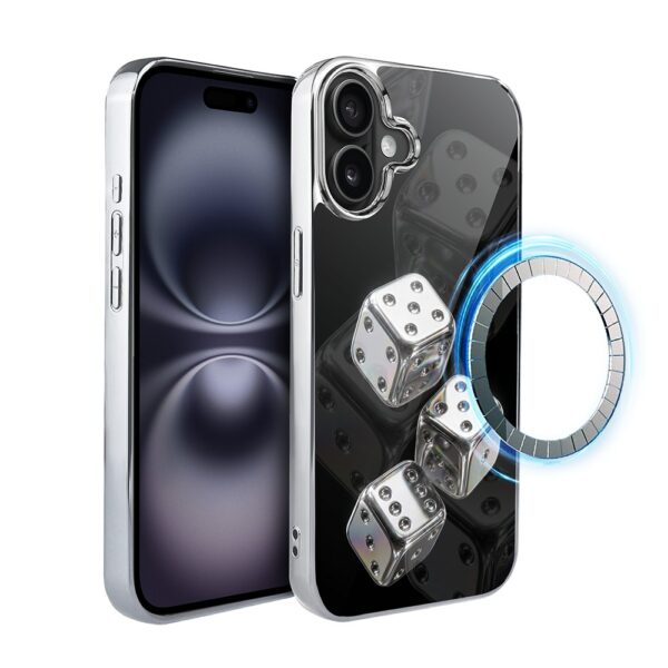 Etui do iPhone 16 Plus, Elite Glass z MagSafe, szklany tył, Nocturne, Kości do gry, srebrne