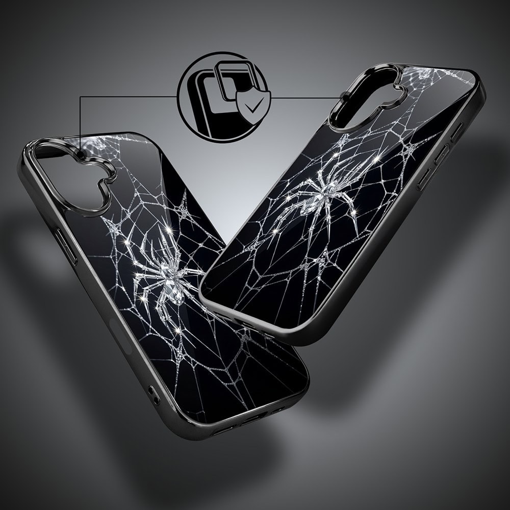 Etui do iPhone 16 , Elite Glass z MagSafe, szklany tył, Nocturne, Kryształowy pająk, czarne (1)