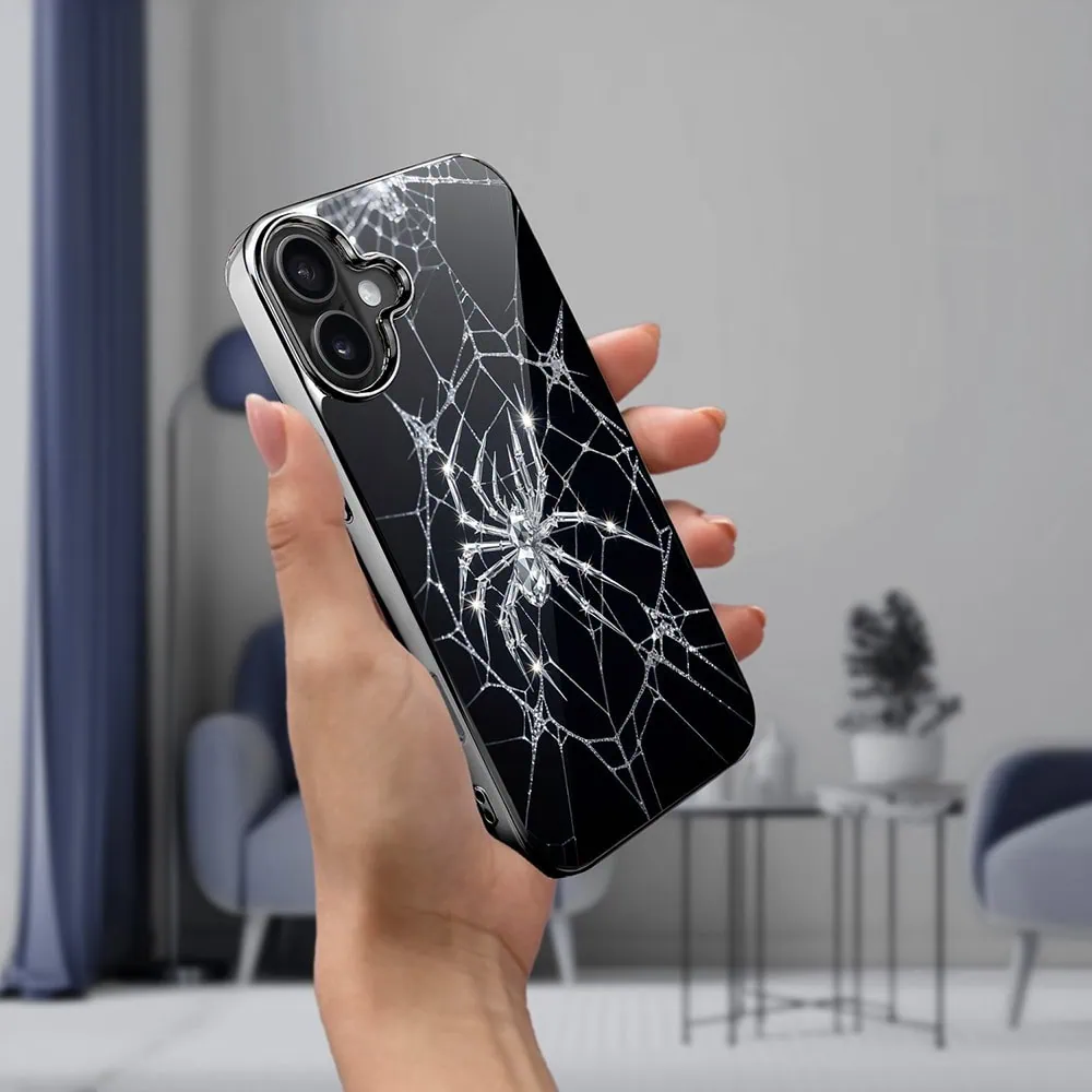 Etui do iPhone 16 , Elite Glass z MagSafe, szklany tył, Nocturne, Kryształowy pająk, czarne (2)