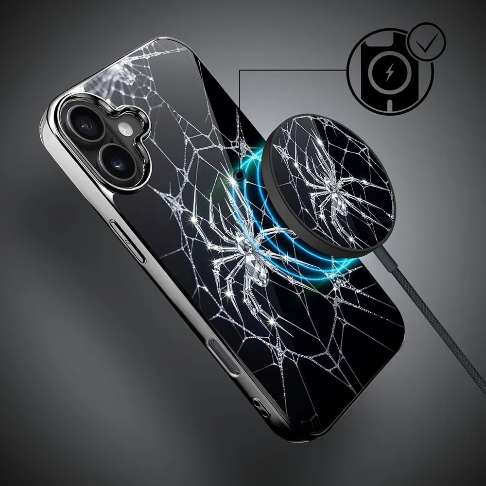Etui do iPhone 16 , Elite Glass z MagSafe, szklany tył, Nocturne, Kryształowy pająk, czarne (5)