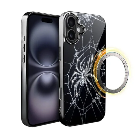 Etui do iPhone 16 , Elite Glass z MagSafe, szklany tył, Nocturne, Kryształowy pająk, czarne (6)