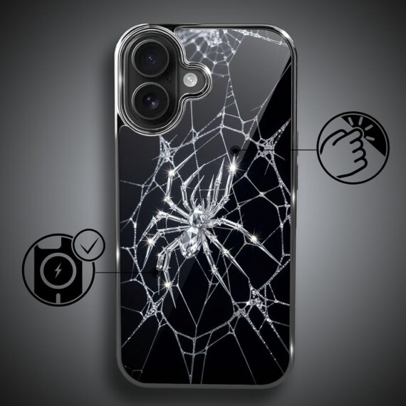 Etui do iPhone 16 , Elite Glass z MagSafe, szklany tył, Nocturne, Kryształowy pająk, czarne (7)