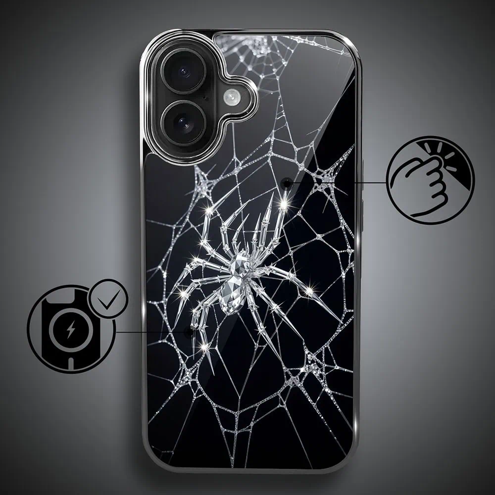 Etui do iPhone 16 , Elite Glass z MagSafe, szklany tył, Nocturne, Kryształowy pająk, czarne (7)