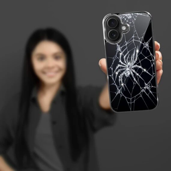 Etui do iPhone 16 , Elite Glass z MagSafe, szklany tył, Nocturne, Kryształowy pająk, czarne (8)