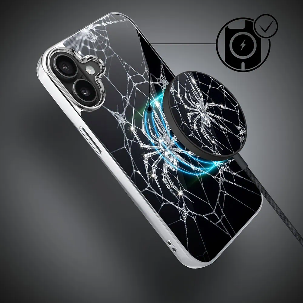 Etui do iPhone 16, Elite Glass z MagSafe, szklany tył, Nocturne, Kryształowy pająk, srebrne (4)