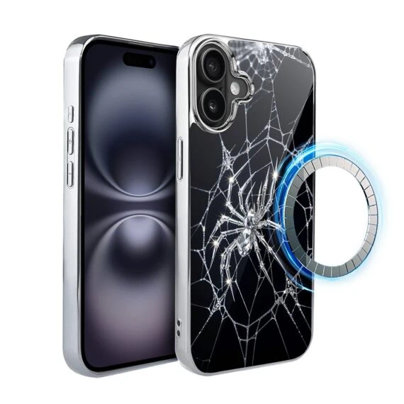 Etui do iPhone 16, Elite Glass z MagSafe, szklany tył, Nocturne, Kryształowy pająk, srebrne (5)