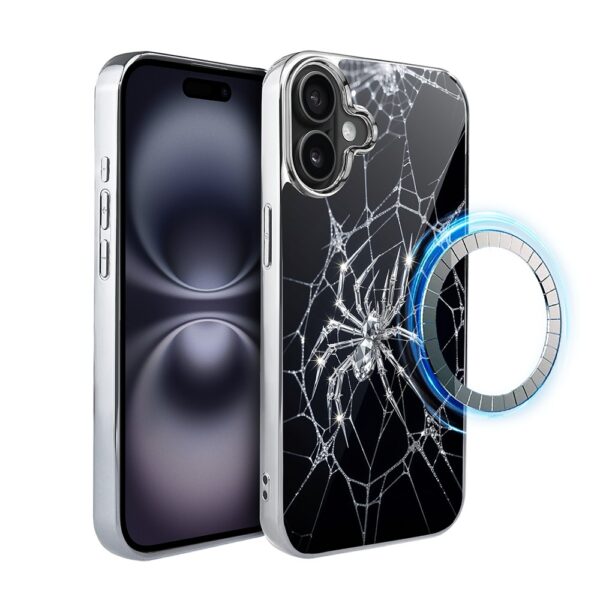 Etui do iPhone 16 Plus, Elite Glass z MagSafe, szklany tył, Nocturne, Kryształowy pająk, srebrne