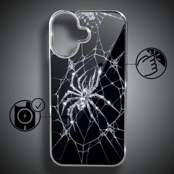 Etui do iPhone 16, Elite Glass z MagSafe, szklany tył, Nocturne, Kryształowy pająk, srebrne (6)