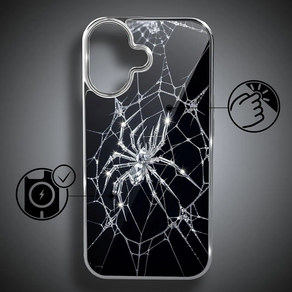 Etui do iPhone 16, Elite Glass z MagSafe, szklany tył, Nocturne, Kryształowy pająk, srebrne (6)