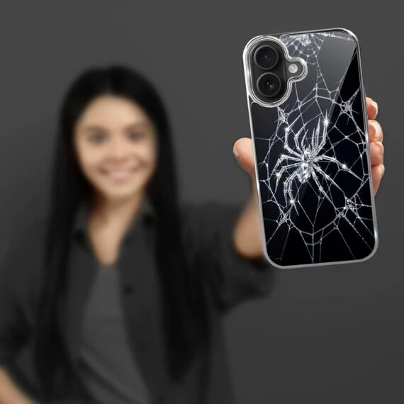 Etui do iPhone 16, Elite Glass z MagSafe, szklany tył, Nocturne, Kryształowy pająk, srebrne (7)