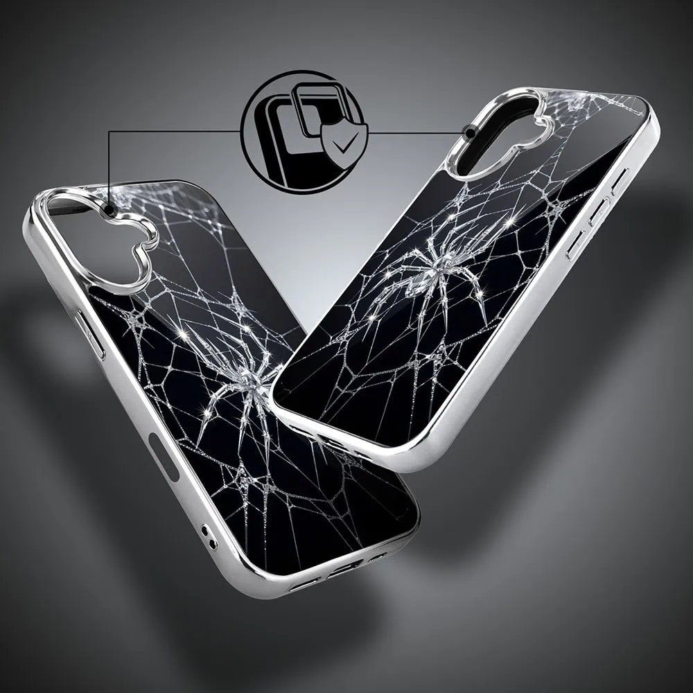 Etui do iPhone 16, Elite Glass z MagSafe, szklany tył, Nocturne, Kryształowy pająk, srebrne (8)