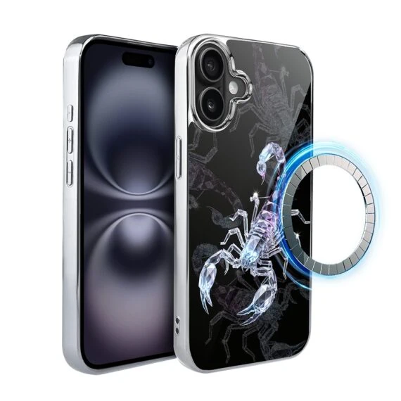 Etui do iPhone 16, Elite Glass z MagSafe, szklany tył, Nocturne, Kryształowy skorpion, srebrne (4)