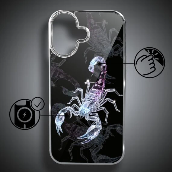 Etui do iPhone 16, Elite Glass z MagSafe, szklany tył, Nocturne, Kryształowy skorpion, srebrne (5)