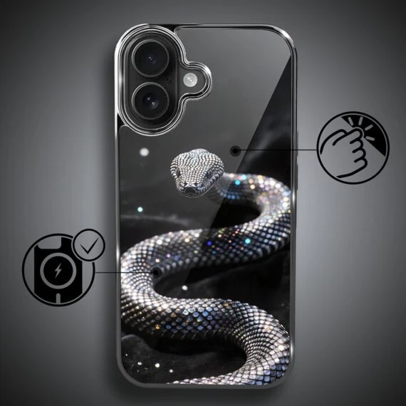 Etui do iPhone 16 , Elite Glass z MagSafe, szklany tył, Nocturne, Kryształowy wąż, czarne (1)