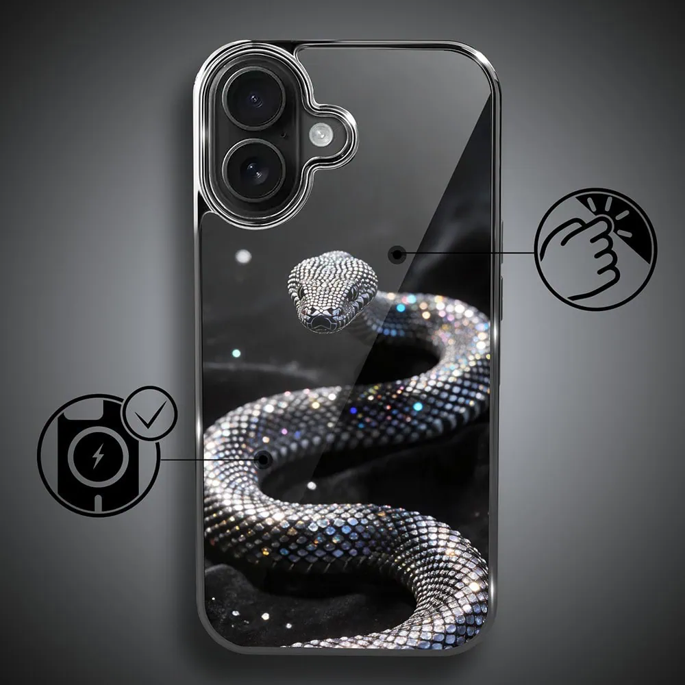 Etui do iPhone 16 , Elite Glass z MagSafe, szklany tył, Nocturne, Kryształowy wąż, czarne (1)