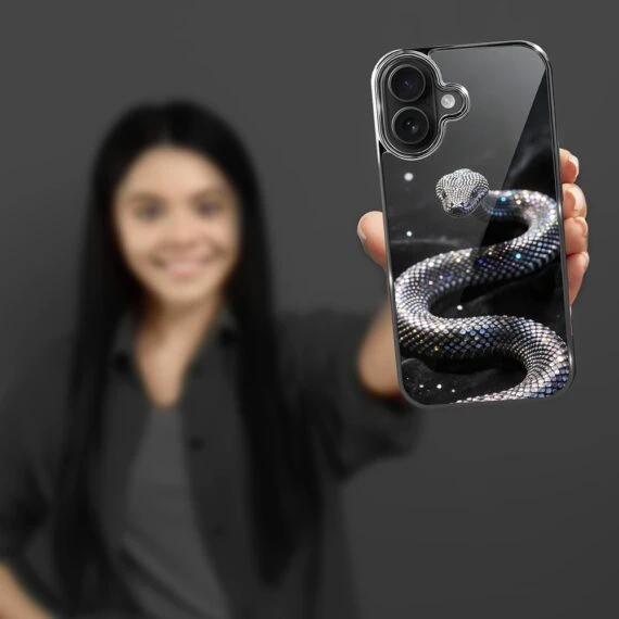 Etui do iPhone 16 , Elite Glass z MagSafe, szklany tył, Nocturne, Kryształowy wąż, czarne (2)