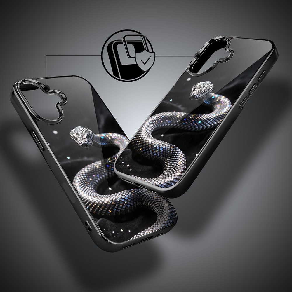 Etui do iPhone 16 , Elite Glass z MagSafe, szklany tył, Nocturne, Kryształowy wąż, czarne (3)
