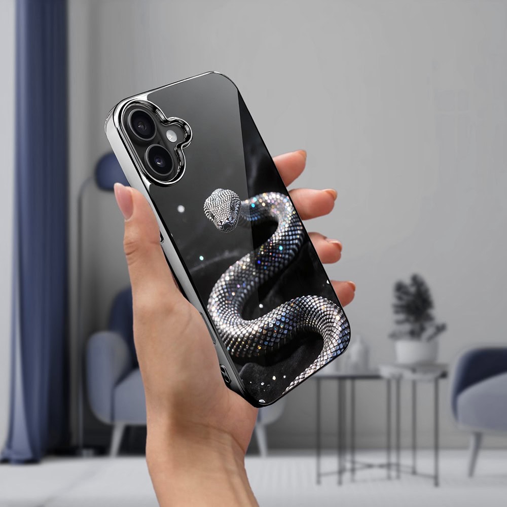 Etui do iPhone 16 , Elite Glass z MagSafe, szklany tył, Nocturne, Kryształowy wąż, czarne (4)