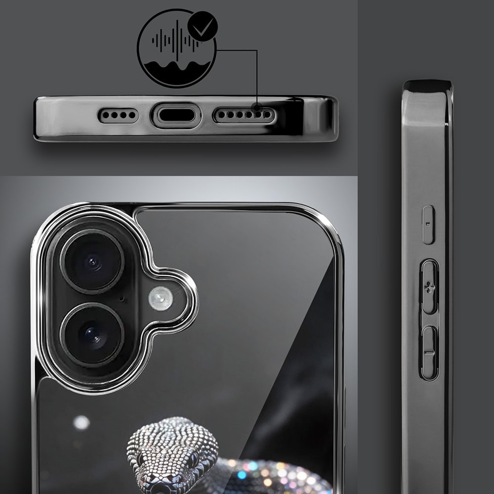 Etui do iPhone 16 , Elite Glass z MagSafe, szklany tył, Nocturne, Kryształowy wąż, czarne (5)