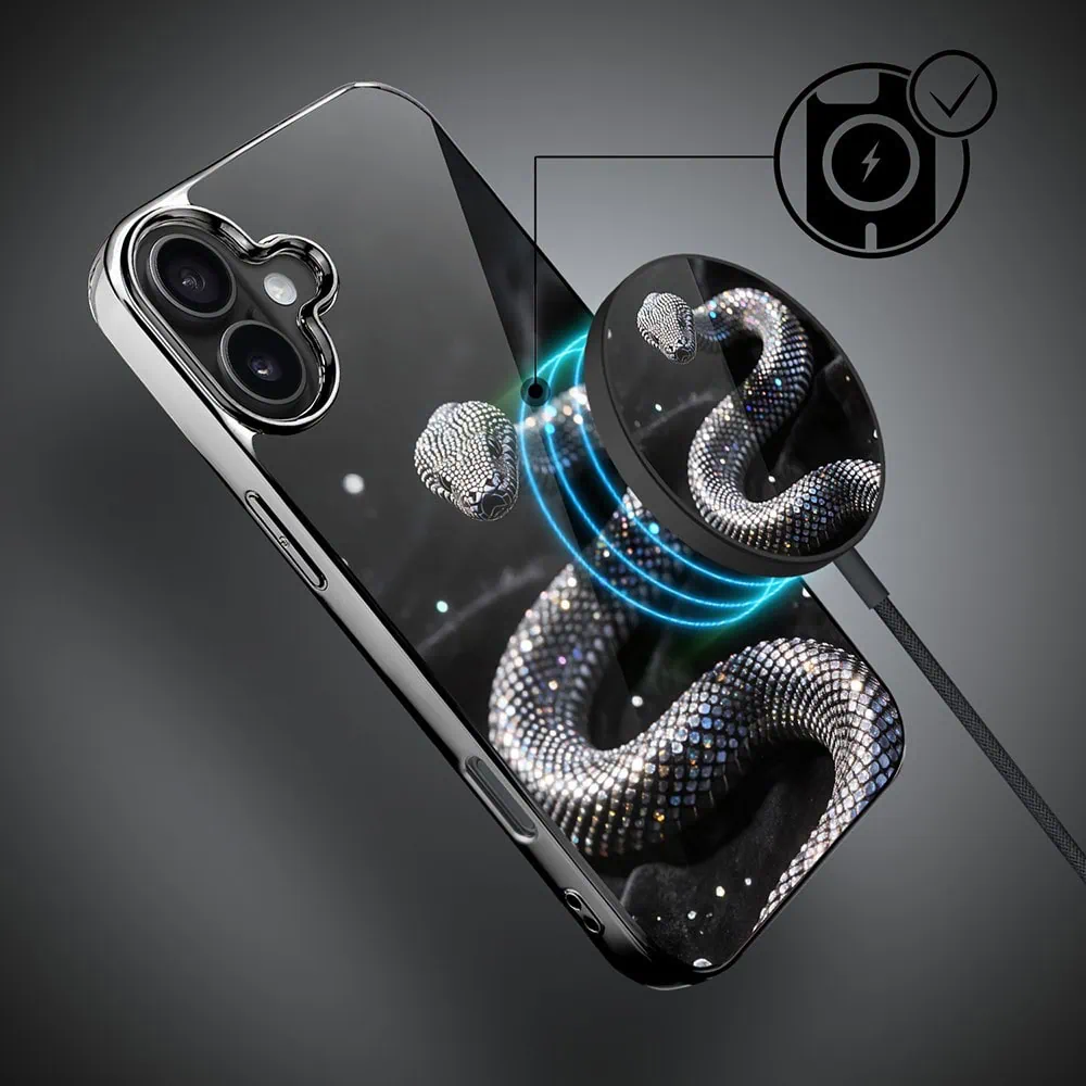 Etui do iPhone 16 , Elite Glass z MagSafe, szklany tył, Nocturne, Kryształowy wąż, czarne (7)