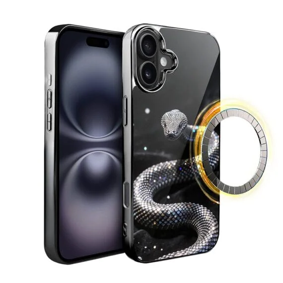 Etui do iPhone 16 , Elite Glass z MagSafe, szklany tył, Nocturne, Kryształowy wąż, czarne (8)