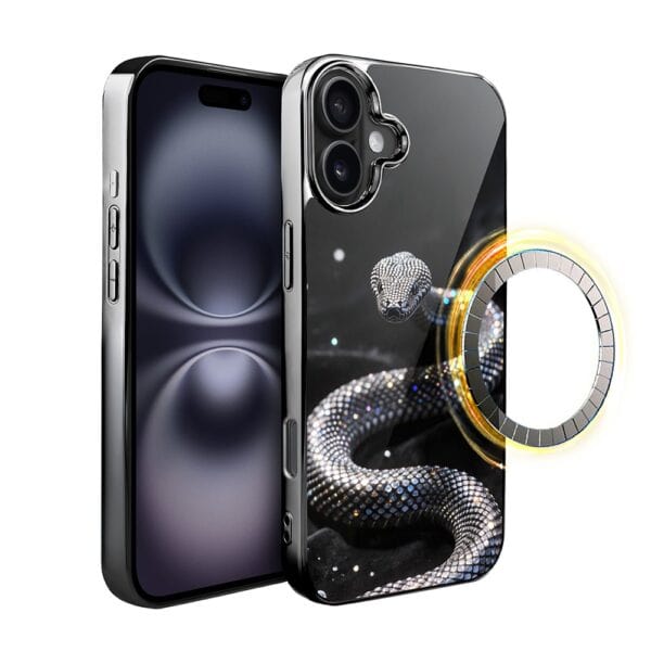 Etui do iPhone 16 Plus, Elite Glass z MagSafe, szklany tył, Nocturne, Kryształowy wąż, czarne