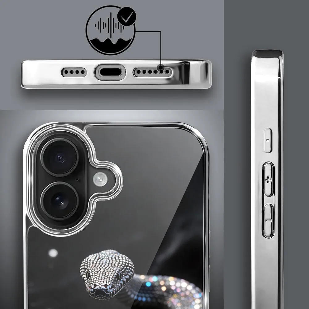 Etui do iPhone 16, Elite Glass z MagSafe, szklany tył, Nocturne, Kryształowy wąż, srebrne (1)
