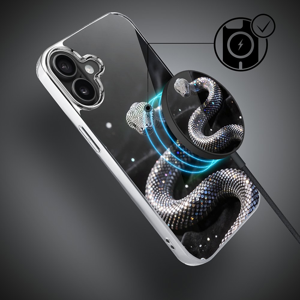 Etui do iPhone 16, Elite Glass z MagSafe, szklany tył, Nocturne, Kryształowy wąż, srebrne (3)