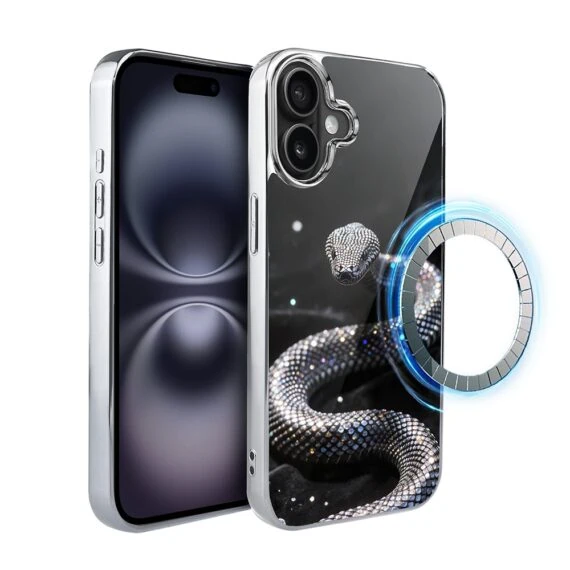 Etui do iPhone 16, Elite Glass z MagSafe, szklany tył, Nocturne, Kryształowy wąż, srebrne (4)
