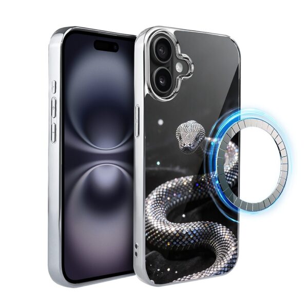 Etui do iPhone 16 Plus, Elite Glass z MagSafe, szklany tył, Nocturne, Kryształowy wąż, srebrne