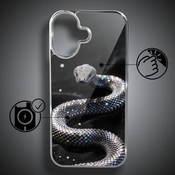 Etui do iPhone 16, Elite Glass z MagSafe, szklany tył, Nocturne, Kryształowy wąż, srebrne (5)