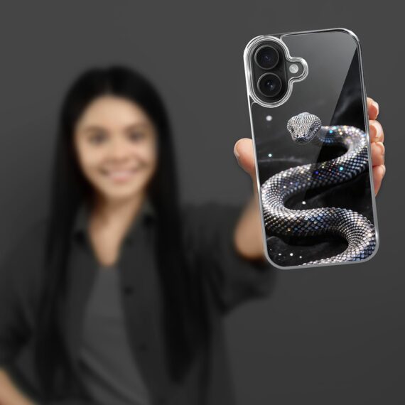 Etui do iPhone 16, Elite Glass z MagSafe, szklany tył, Nocturne, Kryształowy wąż, srebrne (6)