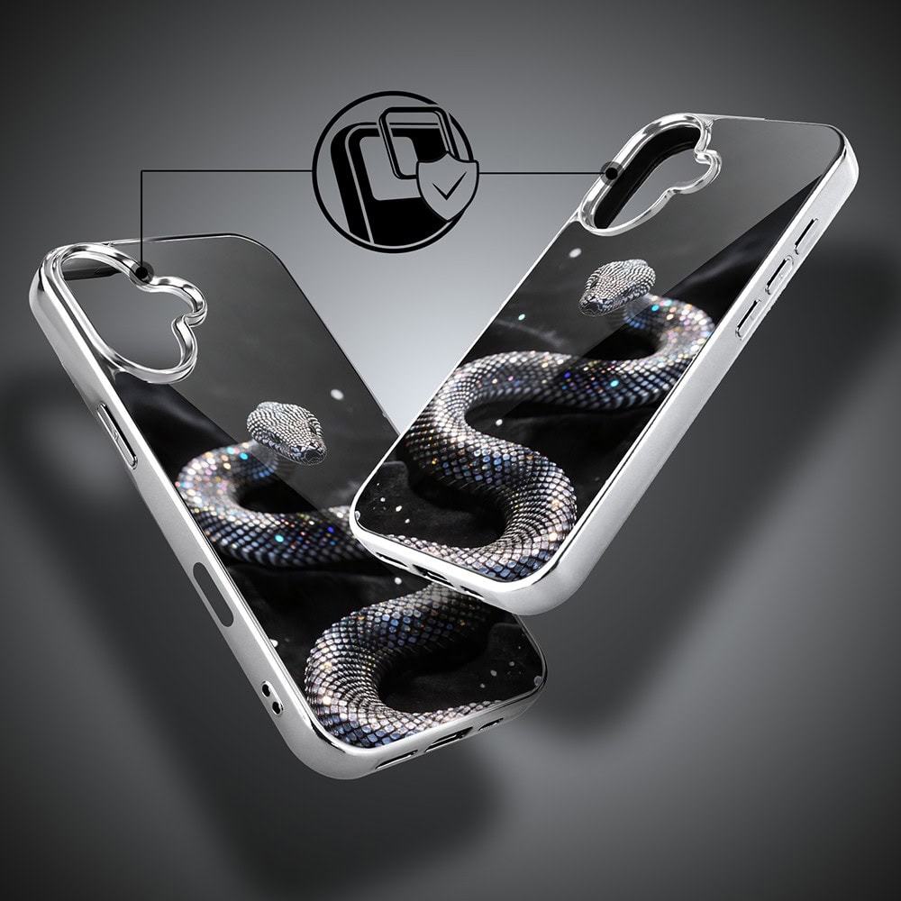 Etui do iPhone 16, Elite Glass z MagSafe, szklany tył, Nocturne, Kryształowy wąż, srebrne (7)