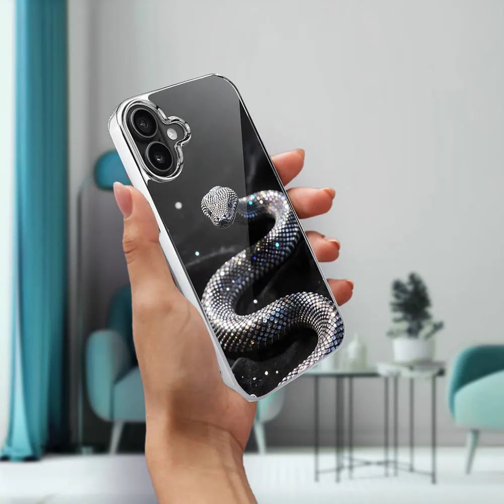 Etui do iPhone 16, Elite Glass z MagSafe, szklany tył, Nocturne, Kryształowy wąż, srebrne (8)