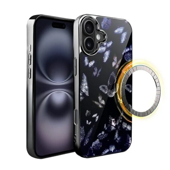 Etui do iPhone 16 , Elite Glass z MagSafe, szklany tył, Nocturne, Nocne Motyle, czarne (1)