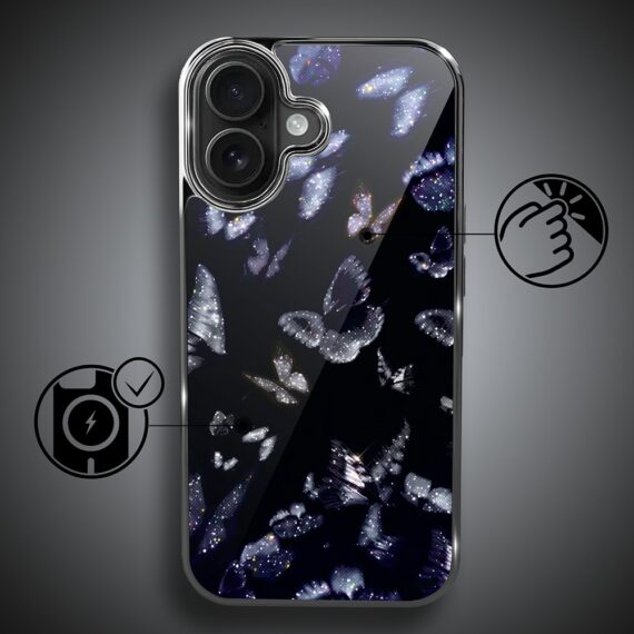 Etui do iPhone 16 , Elite Glass z MagSafe, szklany tył, Nocturne, Nocne Motyle, czarne (2)